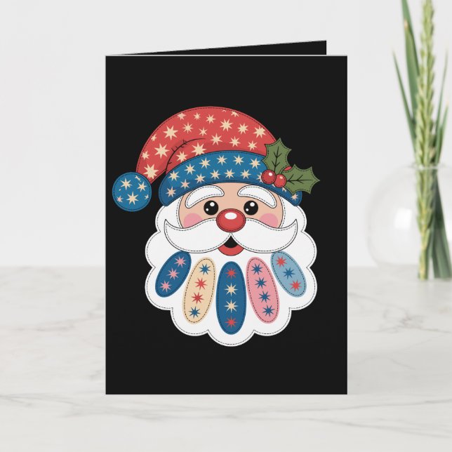 Carte Noël Père Noël Patchwork Flocon de neige Houx Hive (Devant)