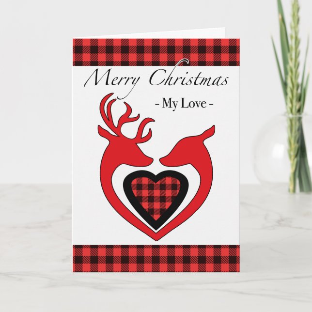 Carte Noël pour petit ami, Deer Couple, Coeur Plaid (Devant)