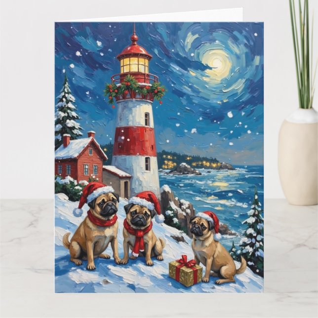 Carte Noël Pug Phare Vacances (Devant)