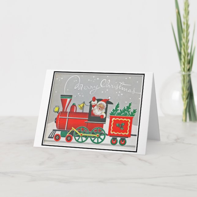 Carte Noël Retro Vintage Père Noël Red Train (Devant)