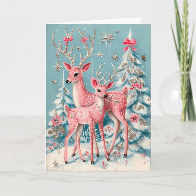 Carte Noël rose Coquette Deer Vintage (Devant)