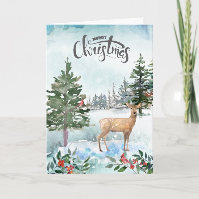 Carte Noël rustique aquarelle cerf de la forêt (Devant)