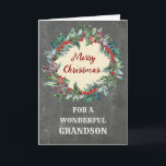 Carte Noël rustique Wreath Grandson Noël<br><div class="desc">Joyeux Noël pour carte petit-fils avec aquarelle rustique,  motif vintage et verset réfléchi.</div>
