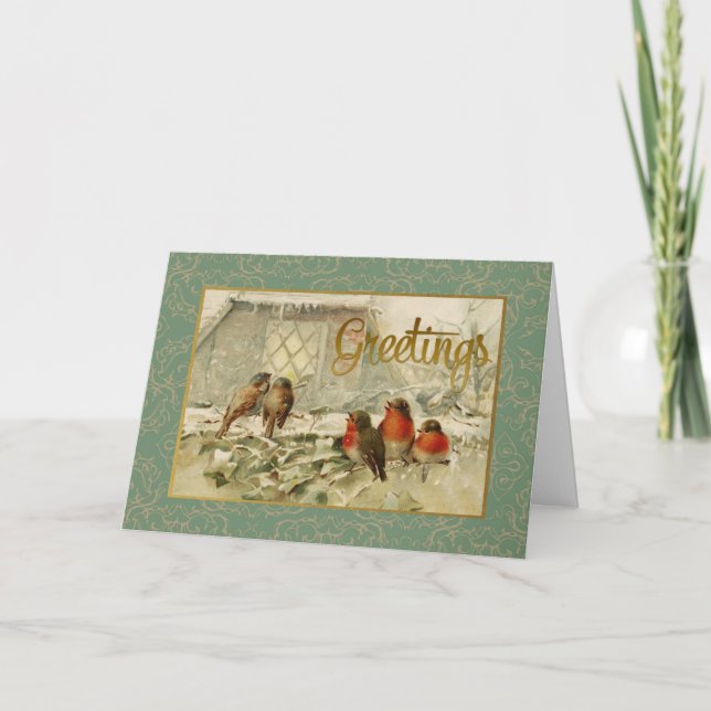 Carte Noël Salutations Oiseaux Reproduction Vintage (Devant)