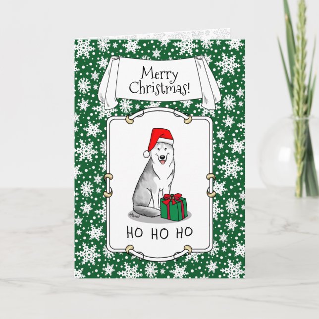 Carte Noël Santa Hat Sibérien Husky (argent) mignonne (Devant)