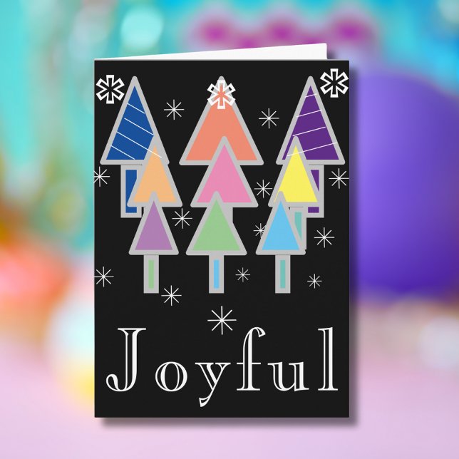Carte Noël Script chic moderne Artsy Black Holiday ('Joyful' dramatic black holiday card with colorful abstract art Christmas trees.)