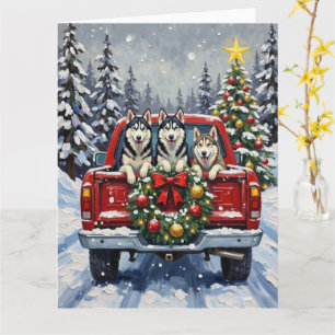 Carte Noël Siberian Husky Camion Rouge Fêtes