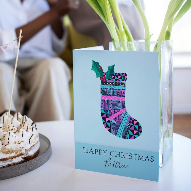 Carte Noël Stocking avec Monogramme Motif Abstrait (Créateur téléchargé)
