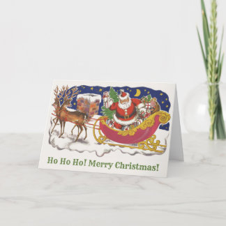 Carte Noël vintage, joyeux Père Noël avec traîneau