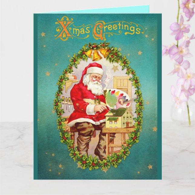 Carte Noël Vintage Père Noël dans son atelier (Orchidée)