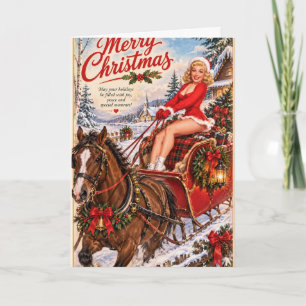 Carte Noël vintage pin-up dans un traîneau tiré par des