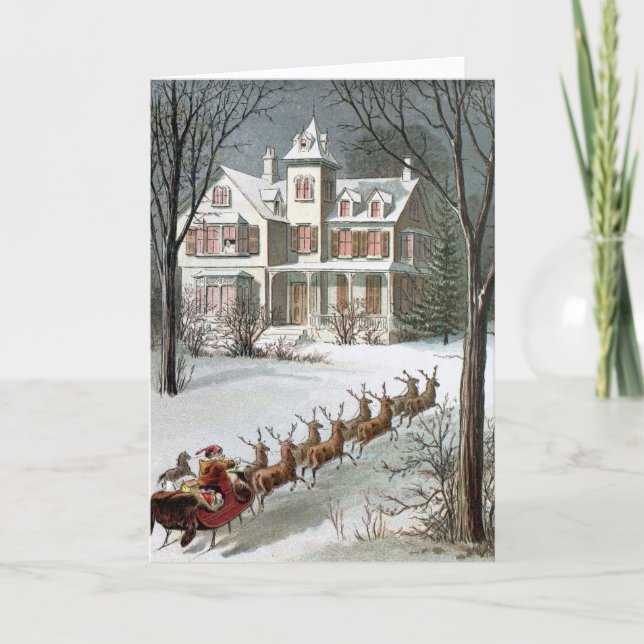 Carte Noël vintage, Saint Nicolas avec rennes (Devant)