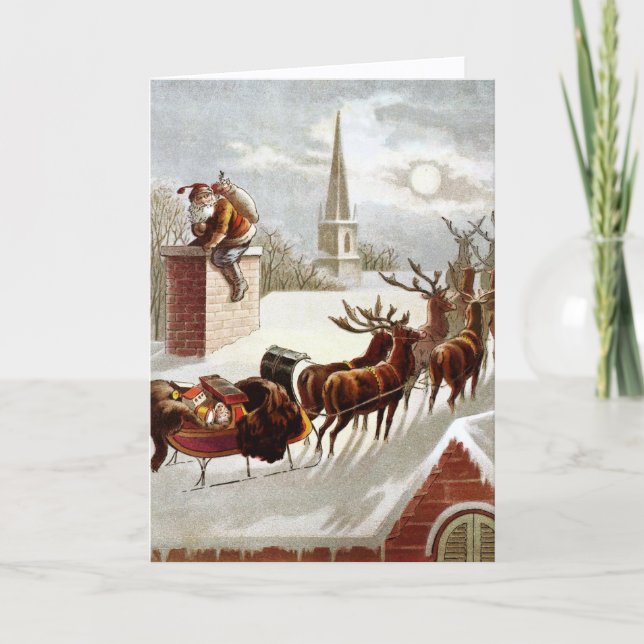 Carte Noël vintage, Saint Nicolas sur le toit (Devant)