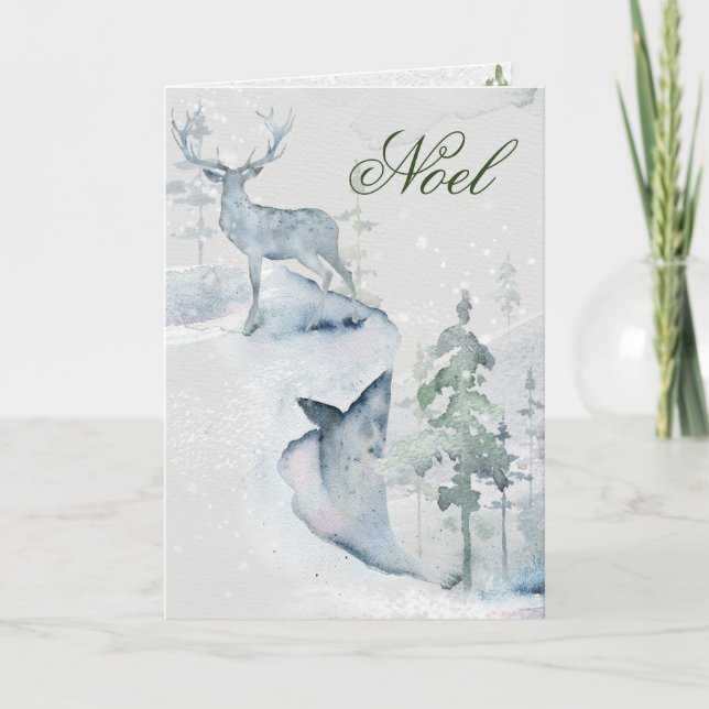 Carte Noel Watercolor Deer sur la falaise (Devant)