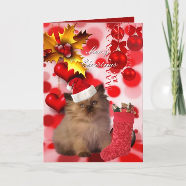 Carte Noël Xmas Chat Chapeau Cœurs (Devant)