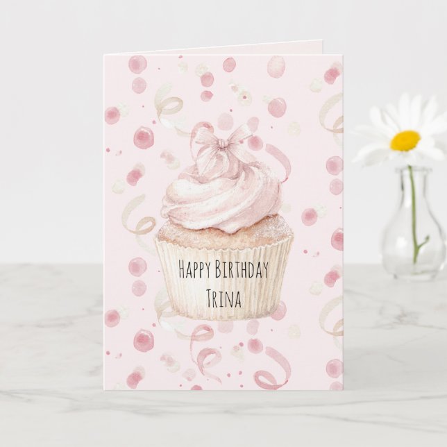 Carte Nœud de Cupcake Confettis Rose Pâle Anniversaire (Petite plante)
