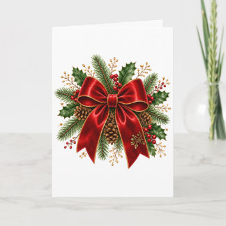 Carte Nœud de Noël Rouge Élégant avec Houx et Pommes de