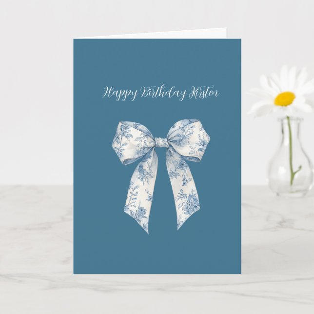 Carte Noeud Papillon Floral Bleu Blanc Anniversaire (Petite plante)