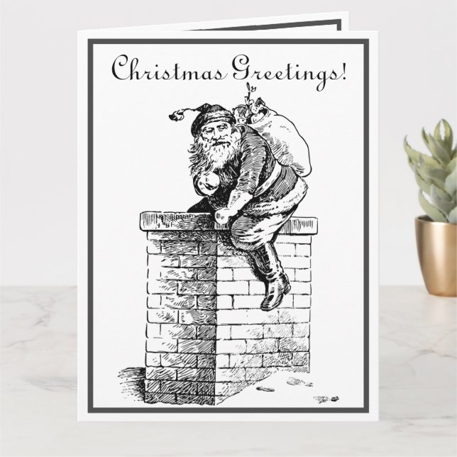 Carte Noir Blanc Vintage Père Noël Descend Chimney (Petite plante)