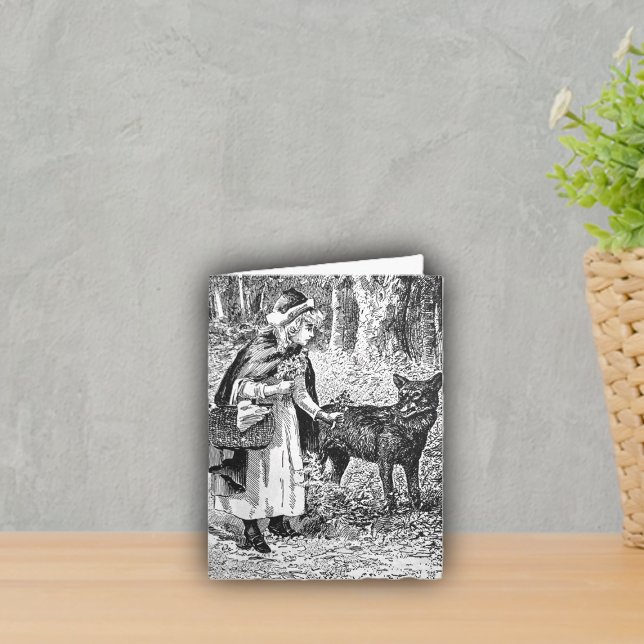 Carte Noir Blanc Vintage Rouge Casserole Panier Wolf (Vintage black white drawing little red riding hood in woods with  wolf on greeting or notecard.)