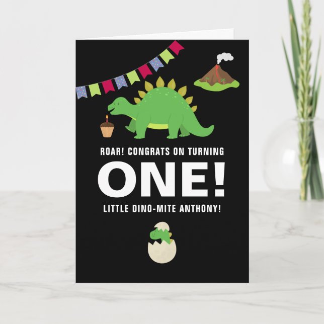 Carte Noir et blanc 1er anniversaire Dinosaure Salutatio (Devant)