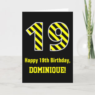 Carte Noir et jaune rayé "19"; 19e anniversaire + nom