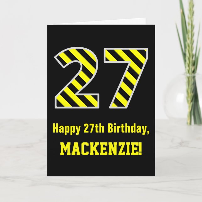 Carte Noir et Jaune rayé "27"; 27e anniversaire + nom (Devant)