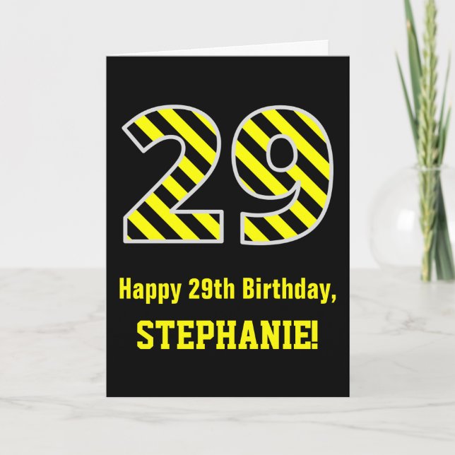 Carte Noir et jaune rayé "29"; 29e anniversaire + nom (Devant)