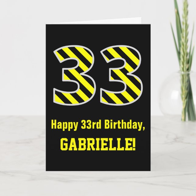 Carte Noir et jaune rayé "33"; 33e anniversaire + nom (Devant)