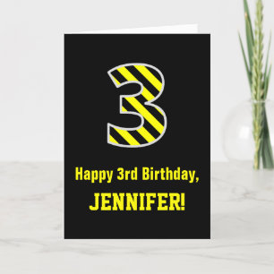 Carte Noir et Jaune rayé "3"; 3e anniversaire + nom