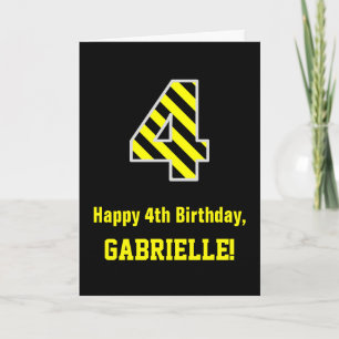 Carte Noir et jaune rayé "4"; 4ème anniversaire + Nom