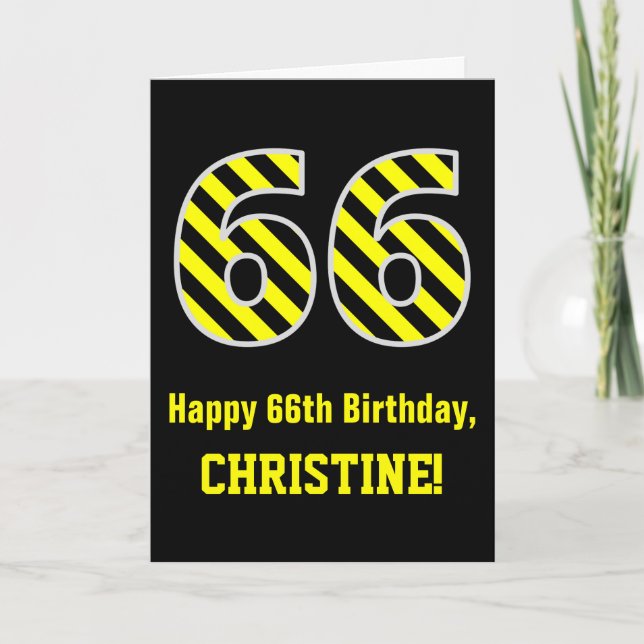 Carte Noir et jaune rayé "66"; 66e anniversaire + nom (Devant)