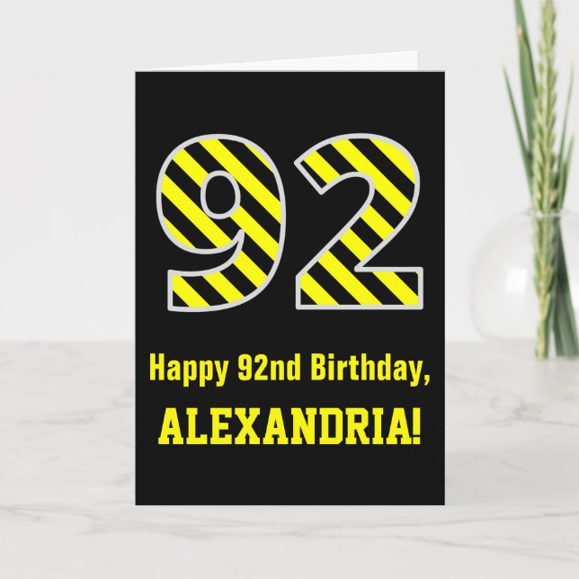 Carte Noir et jaune rayé "92"; 92e anniversaire + nom (Devant)