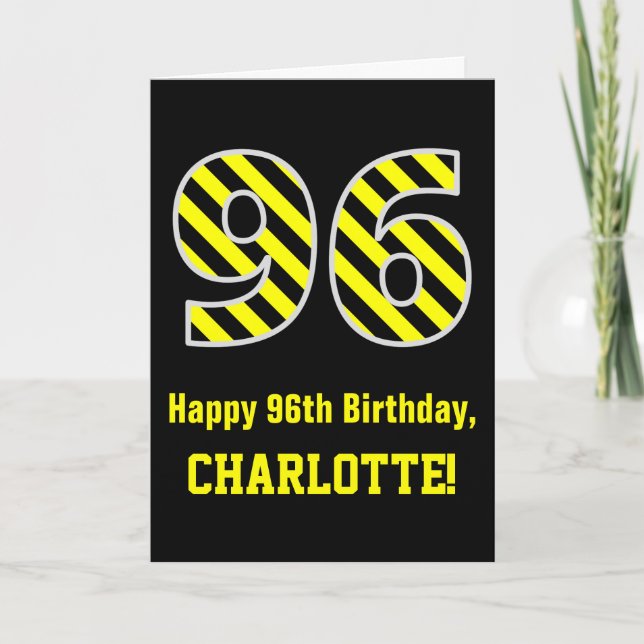 Carte Noir et jaune rayé "96"; 96e anniversaire + nom (Devant)