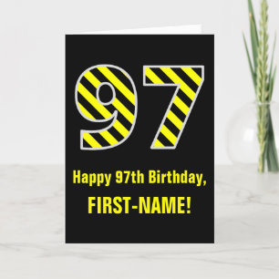Carte Noir et jaune rayé "97"; 97e anniversaire + nom