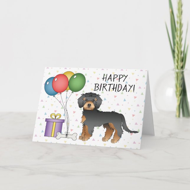 Carte Noir Et Tan Mini Goldendoodle Joyeux Anniversaire (Devant)