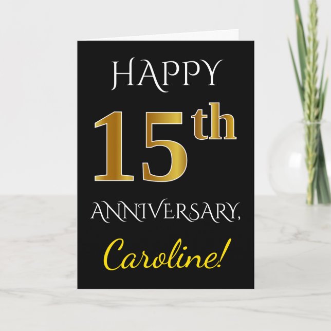 Carte Noir, Faux Or 15ème anniversaire du Mariage + Nom (Devant)