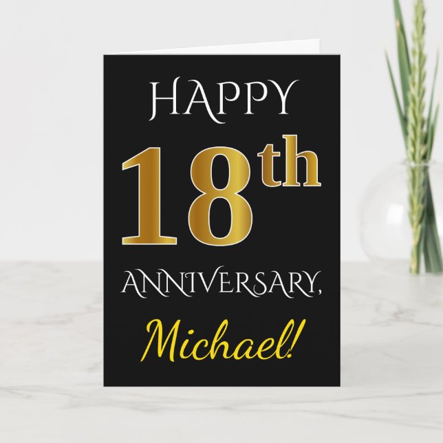 Carte Noir, Faux Or 18e Anniversaire de Mariage + Nom (Devant)