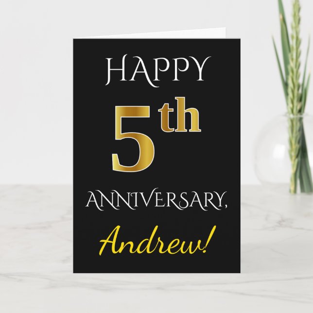 Carte Noir, Faux Or 5e Anniversaire de Mariage + Nom (Devant)