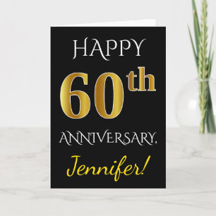 Carte Noir, Faux Or 60ème Anniversaire de Mariage + Nom