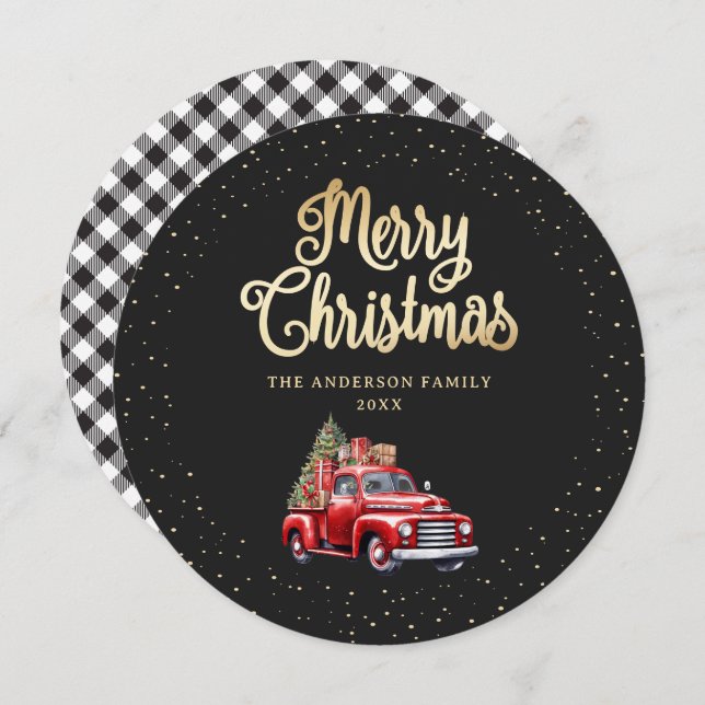 Carte Noir Gold Plaid Red Truck Joyeux Noël (Devant / Derrière)