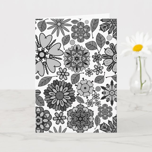 Carte Noir gris blanc rétro Art Floral Motif sans coutur (Petite plante)