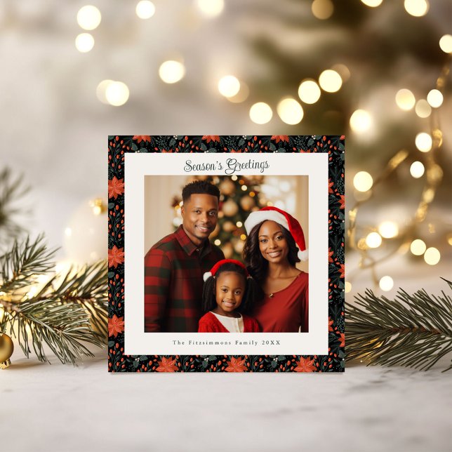 Carte Noir moderne Poinsettia Photo Noël (Poinsettia Season Square Christmas Card black)