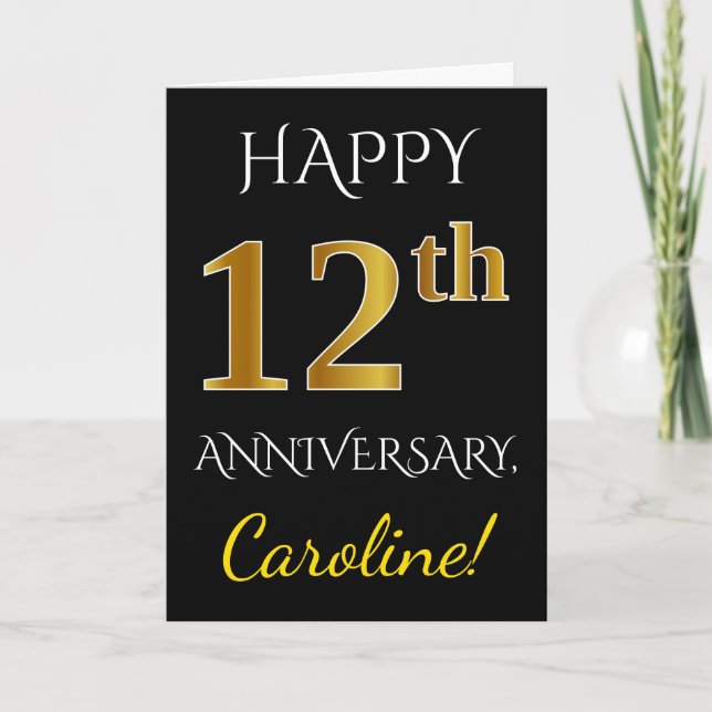 Carte Noir, Or Faux 12e Anniversaire de Mariage + Nom (Devant)