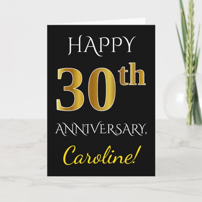 Carte Noir, Or Faux 30e Anniversaire de Mariage + Nom (Devant)