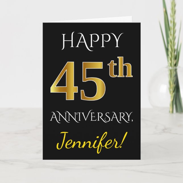 Carte Noir, Or Faux 45e Anniversaire de Mariage + Nom (Devant)