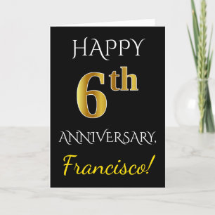 Carte Noir, Or Faux 6ème Anniversaire de Mariage + Nom