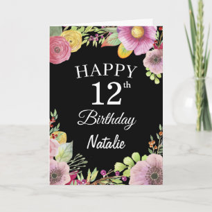 Carte noire 12e anniversaire aquarelle Floral Flow
