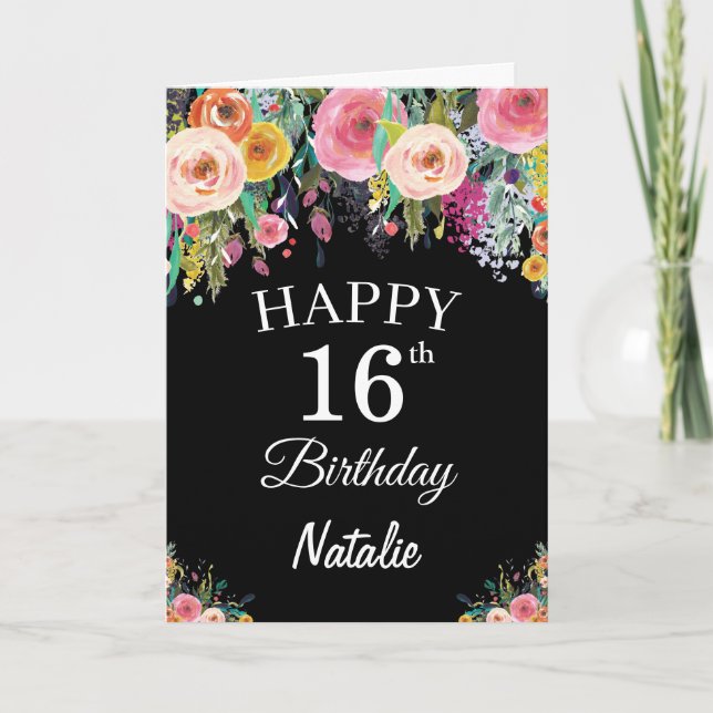 Carte noire 16e Anniversaire Fleurs florales (Devant)