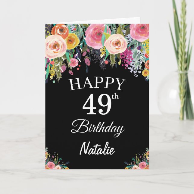 Carte noire 49e anniversaire Aquarelle Florale Fle (Devant)